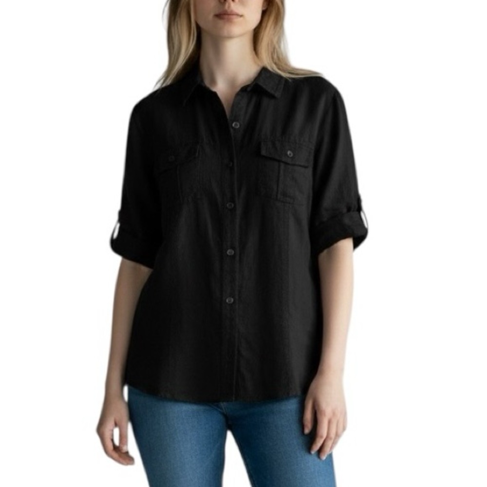 Olsen Europe Linen button down short sleeve in black excellent condition